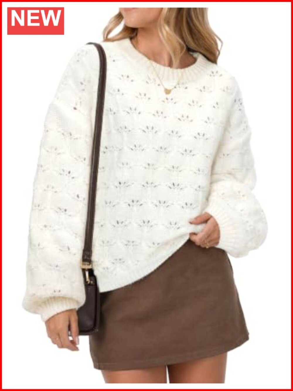 Women's Crochet Knit Crewneck Pullover Sweater Loose Cropped